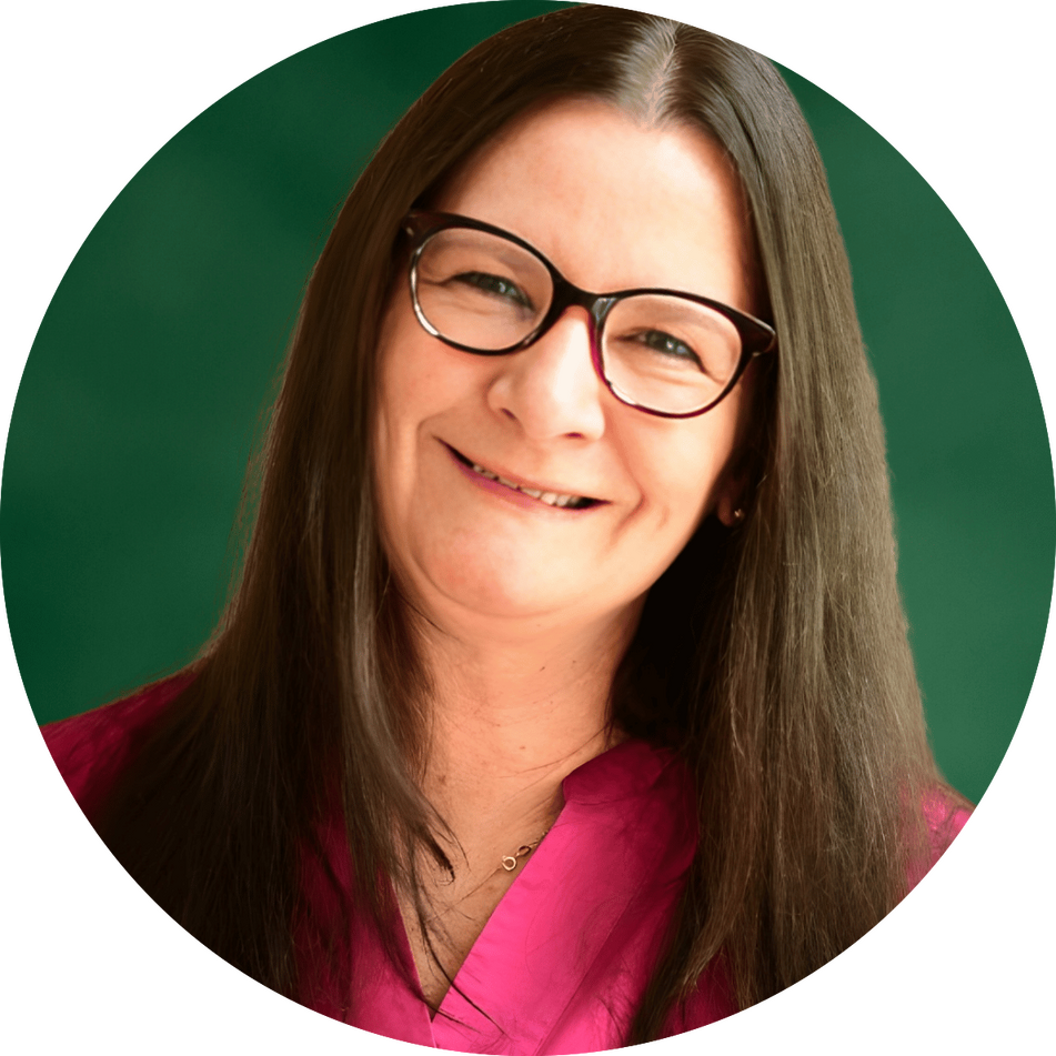 Women with long brown hair and glasses